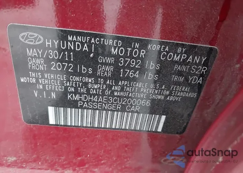 2012 Hyundai Elantra Gls (Ulsan Plant) z USA, uszkodzony, nr VIN KMHDH4AE3CU200066